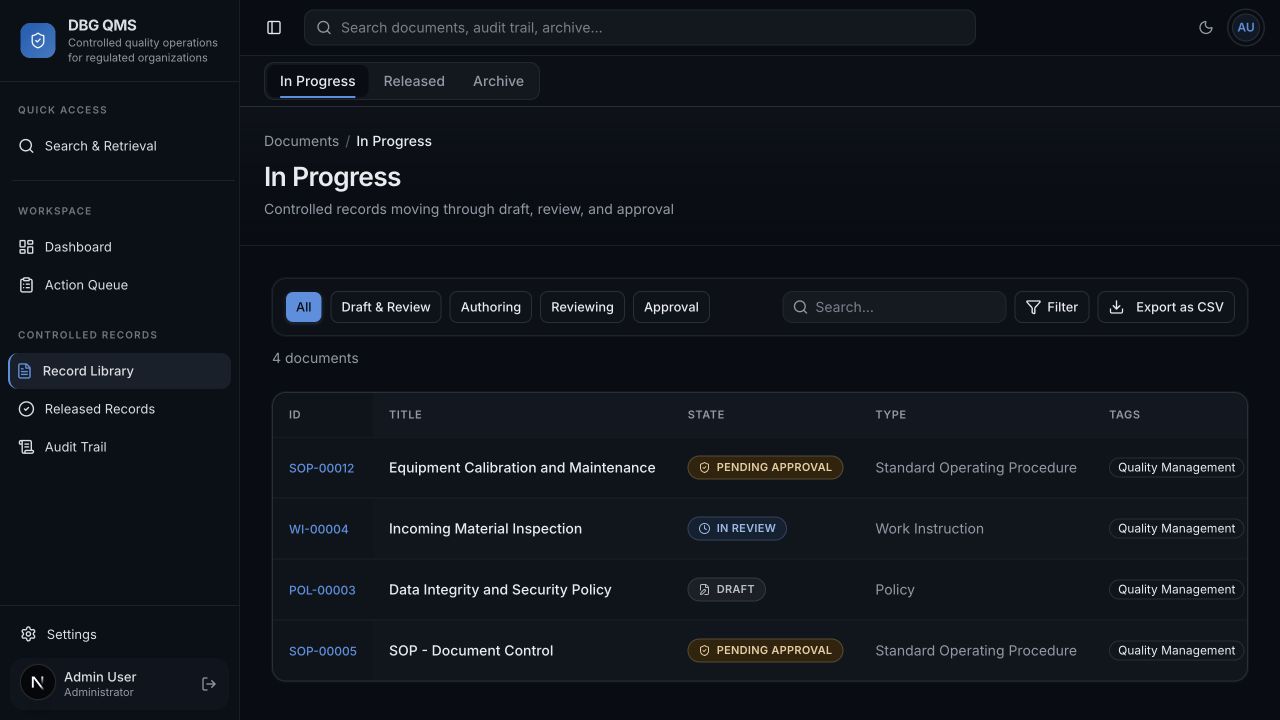 DBG QMS application screen 1