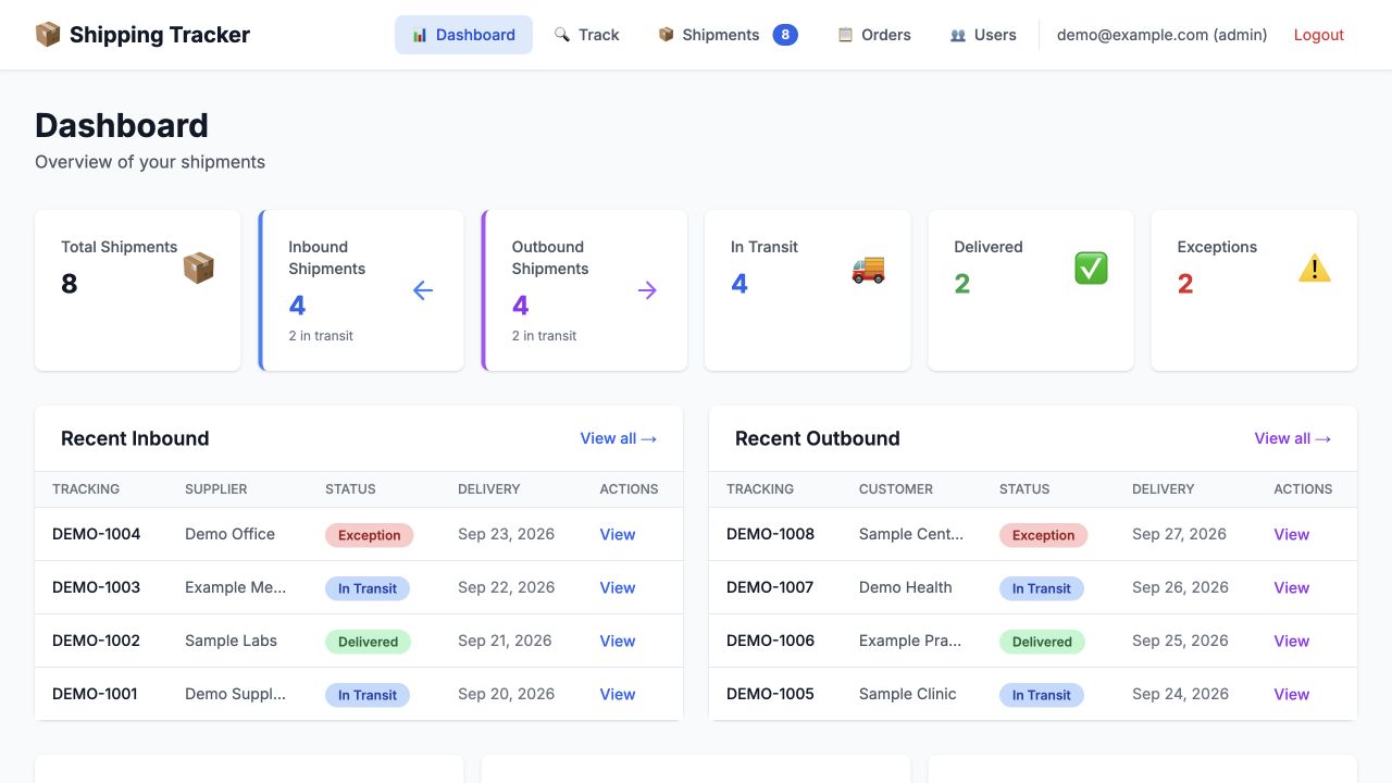 Shipping Tracker application screen 1